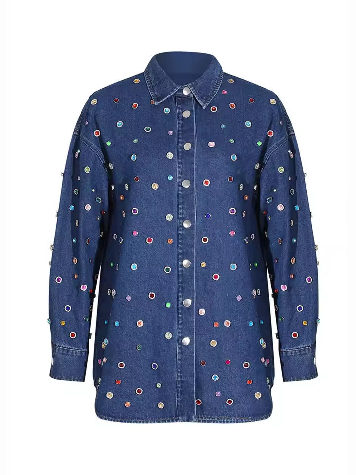 Nail Bead Denim Shirt Long Pants Set