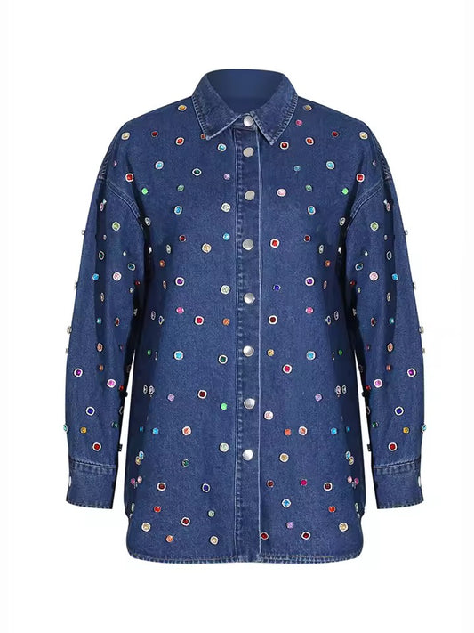 Nail Bead Denim Shirt Long Pants Set