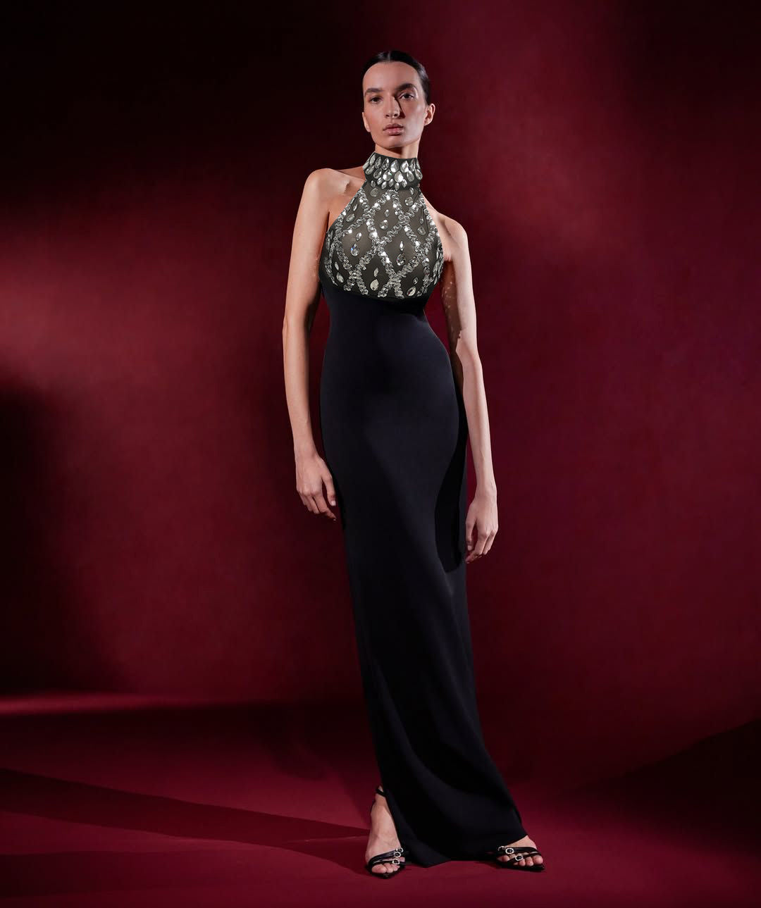 Crystal Diamonds Sequin Argyle Embellished Halter Neck Bare Shoulder dress