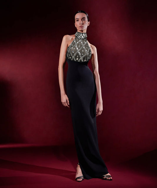 Crystal Diamonds Sequin Argyle Embellished Halter Neck Bare Shoulder dress