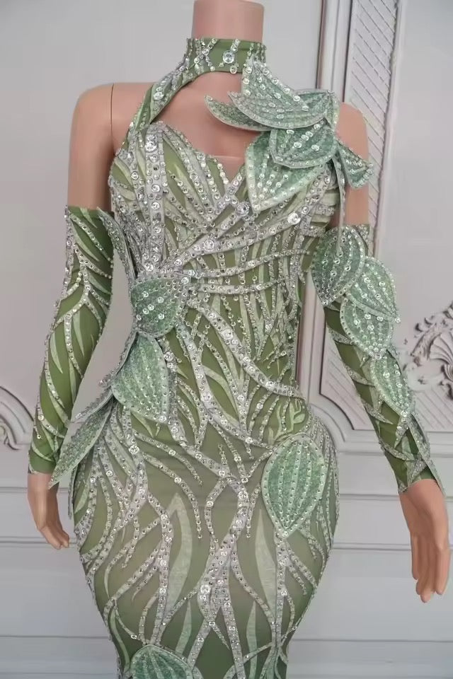 Leaf Dress Rhinestone Long Dress With Gloves