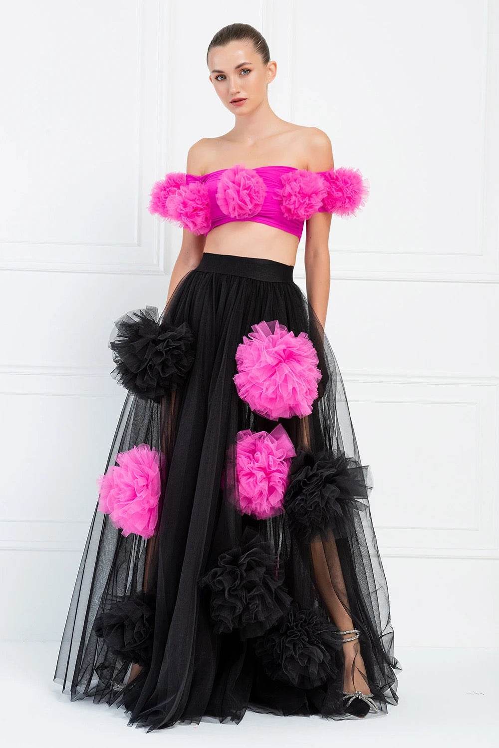 Black Tassel Mesh 3D Flower Sexy Hundred Fold Long Skirt - REBECATHELABEL