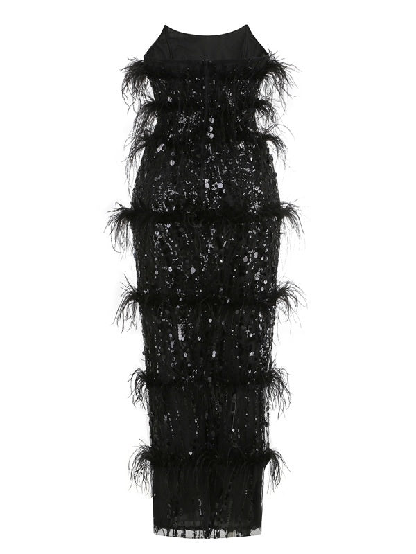 Sleeveless Feather Strapless Backless Sequin Maxi Dress