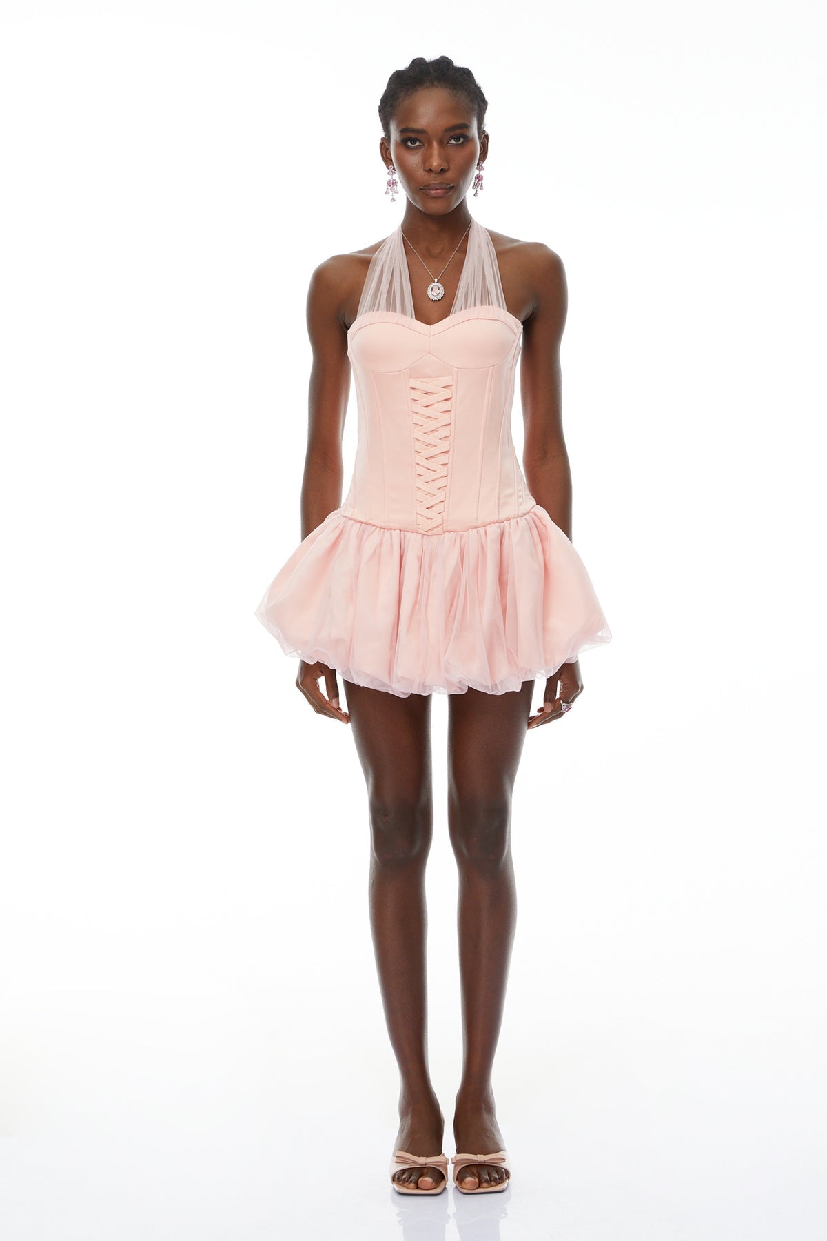 Pink Halterneck Oraganza Panel Satin Mini Dress