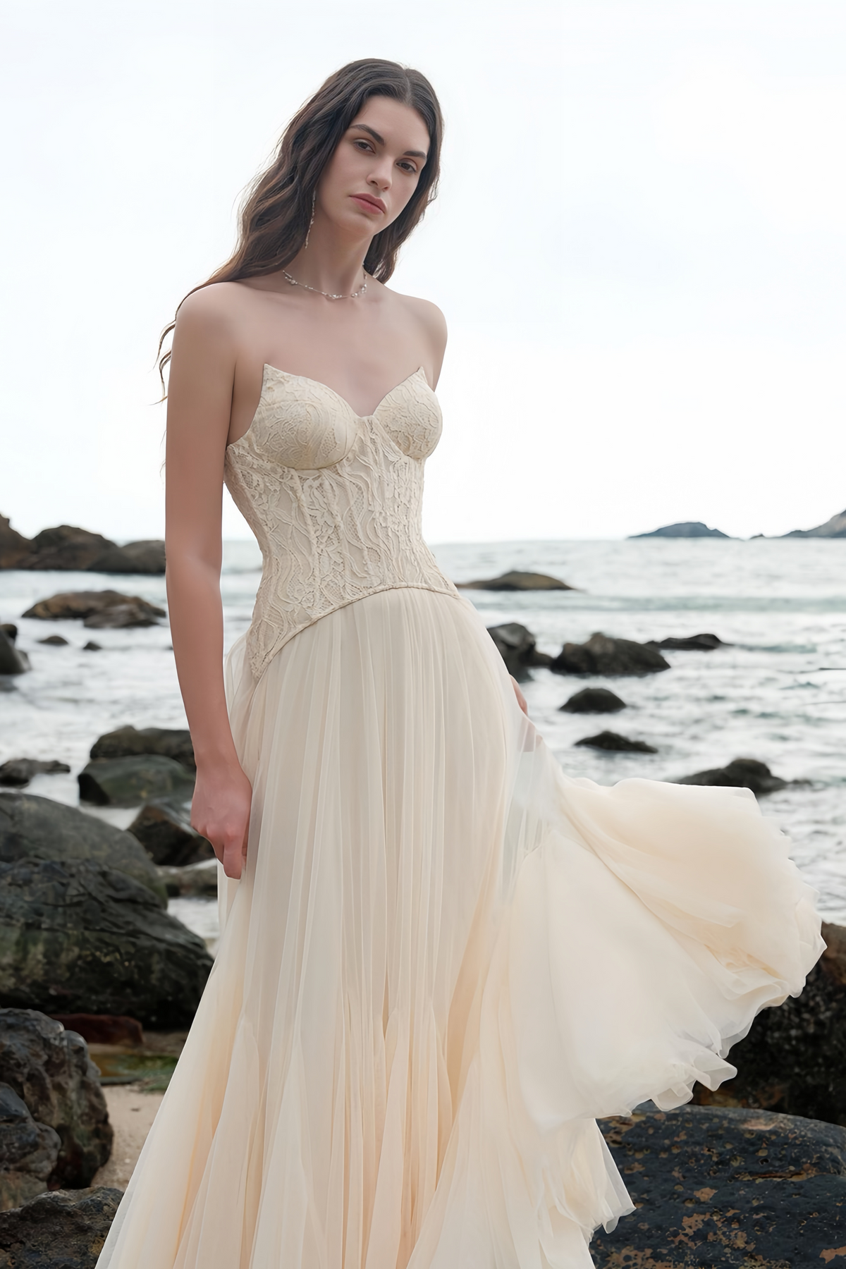 Beige Lace Corset Tulle Maxi Dress