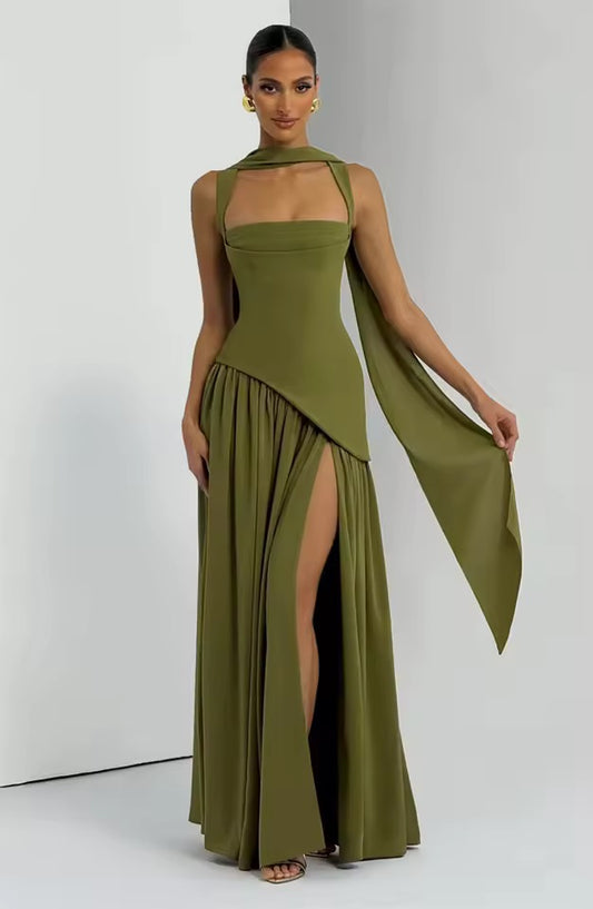 Green Strapless Corset Chiffon Maxi Dress