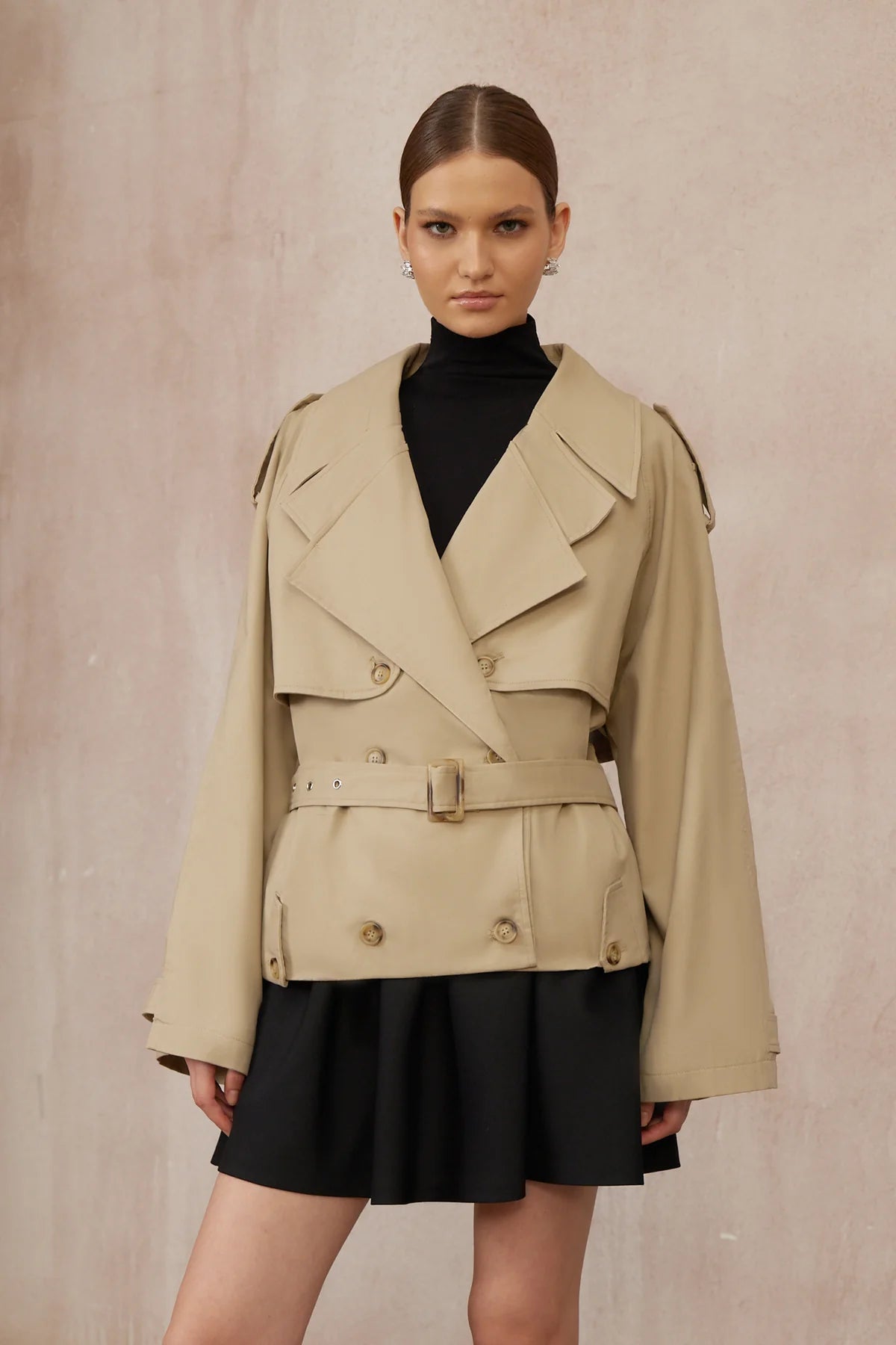 Khaki Double-Breasted Short Trench Coat