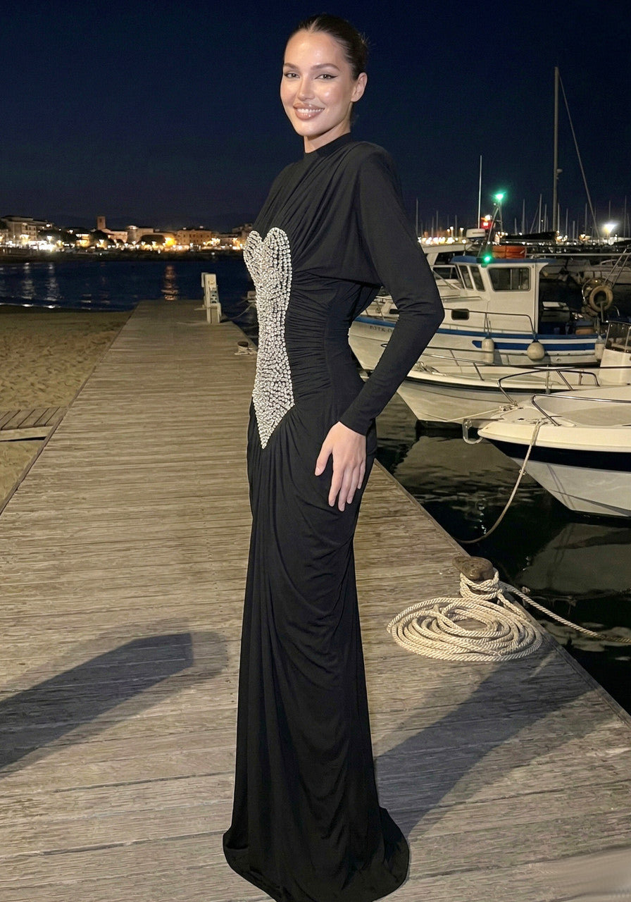 Long Sleeve Crystal Front Draped Maxi Dress Black