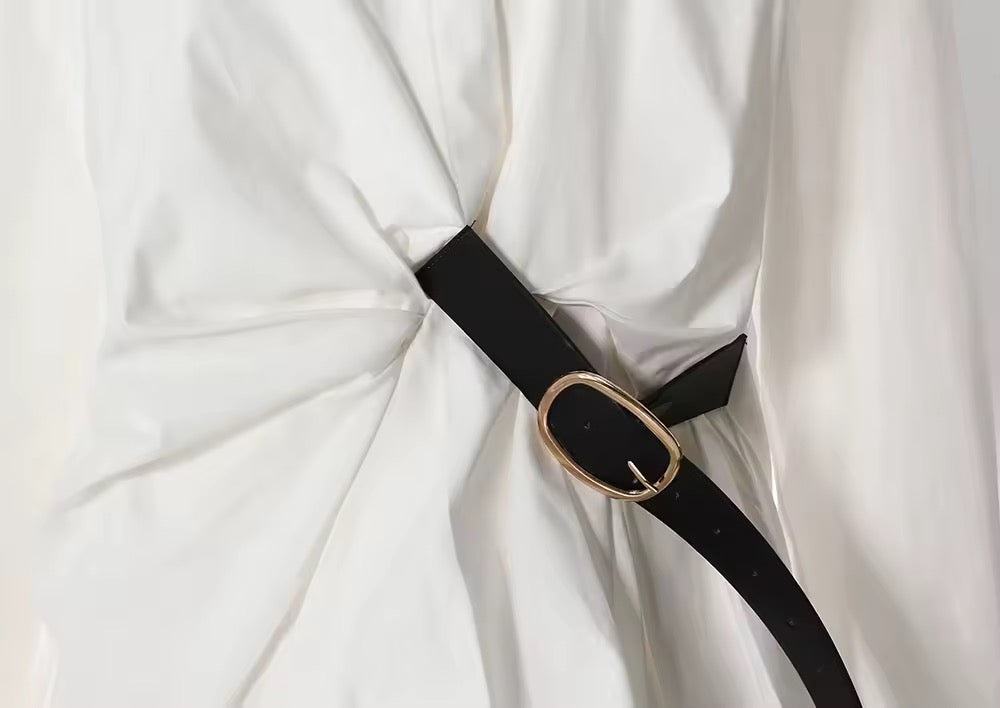 Belt Buckle Design Long Sleeve Lapel Blouse Loose Top