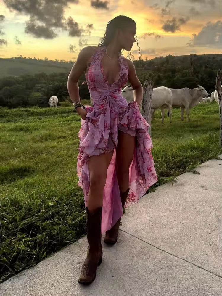 Halter Neck Blue Floral Print Ruched Long Dress