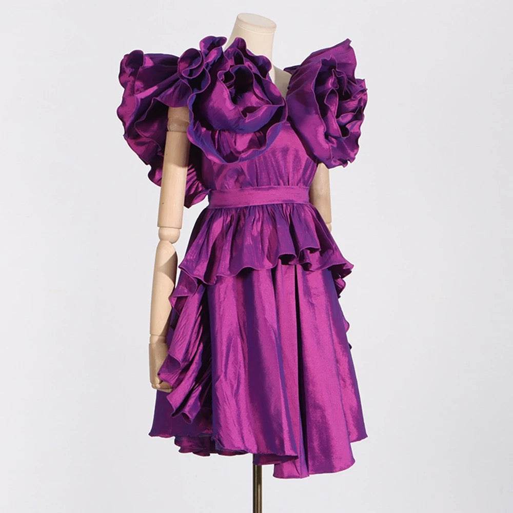 Purple Ruffle Edge V-neck Sexy Ruffle Edge Satin Mini Dress - REBECATHELABEL
