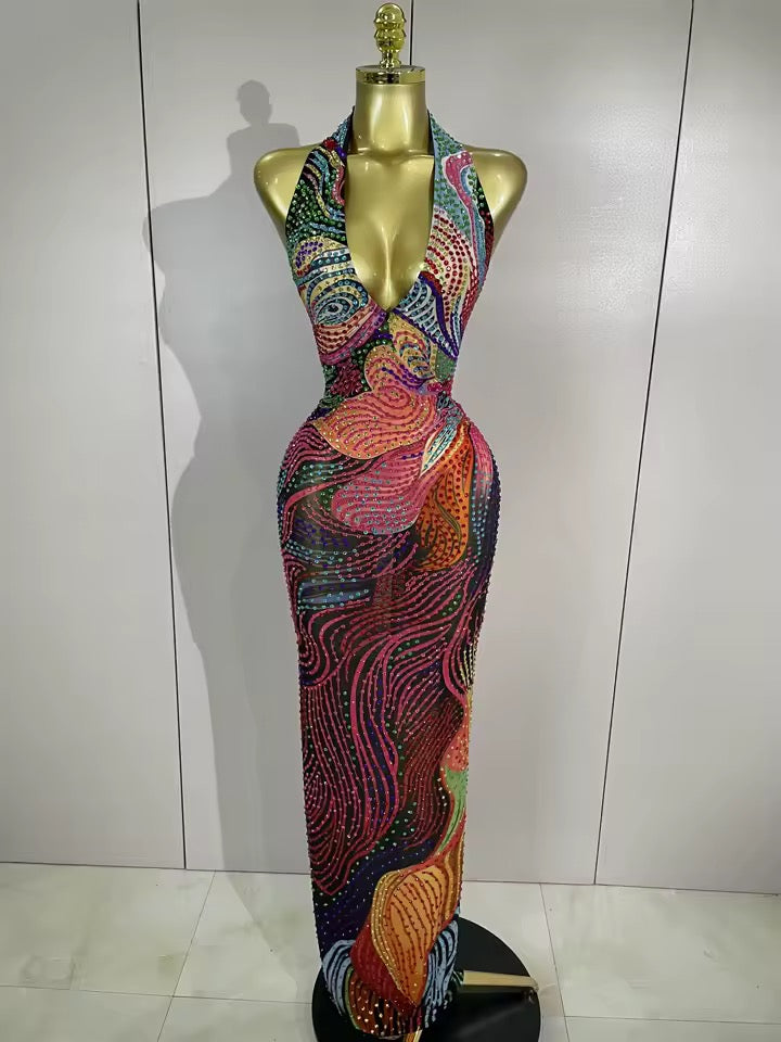 Colorful Rhinestone Print Long Halter Deep V Neck Backless dress