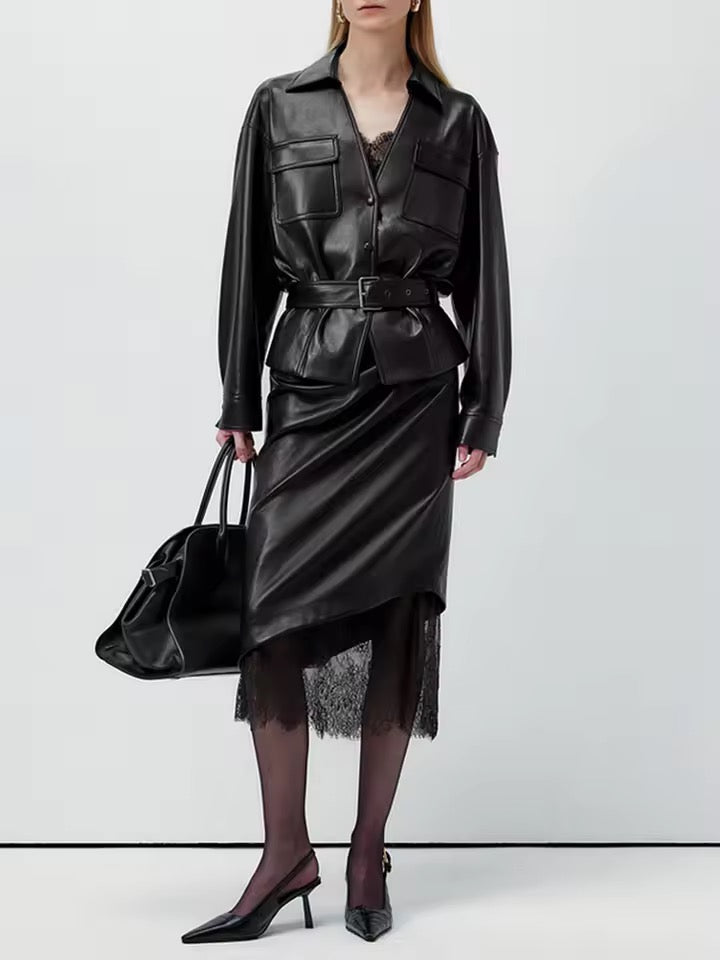 Black Pu Leather Midi Skirt