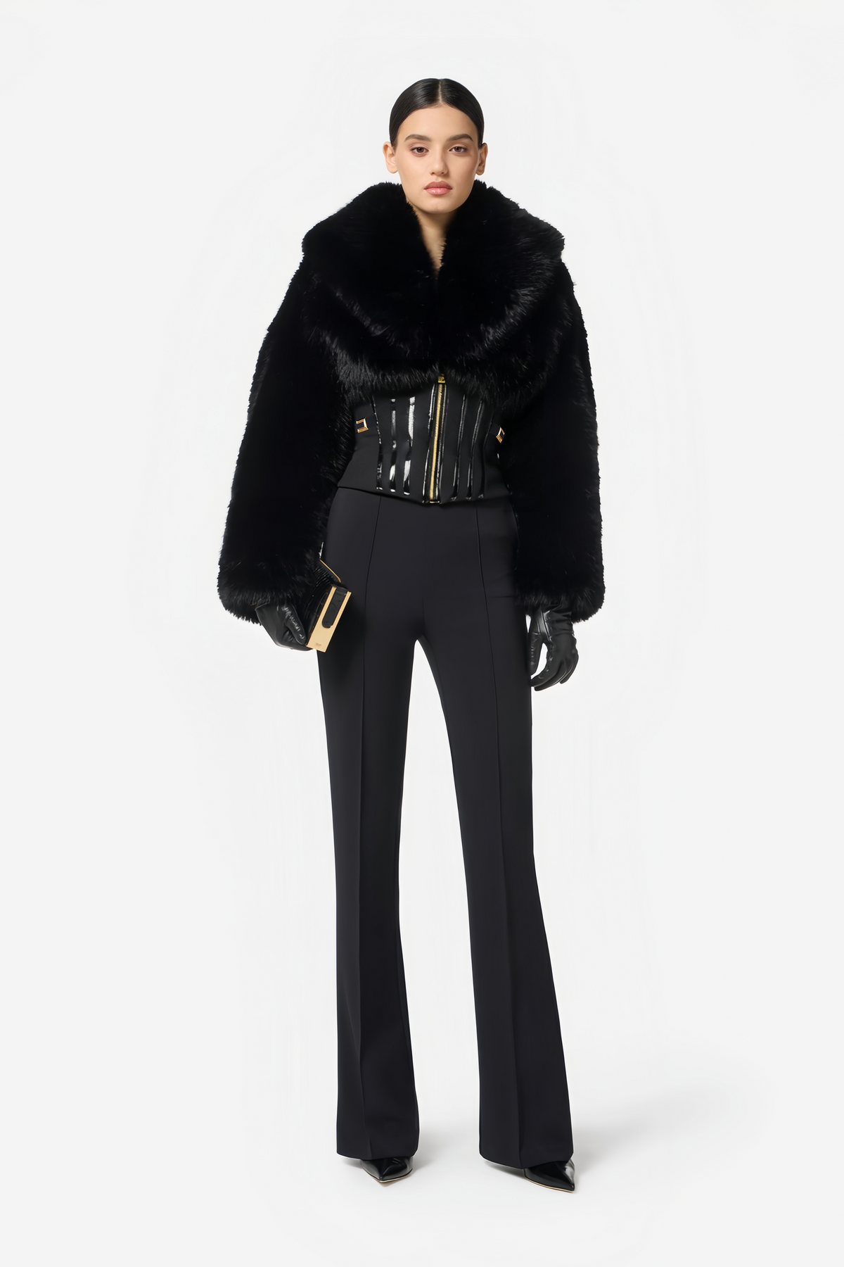 Black Faux-Fur Corset Panel Jacket