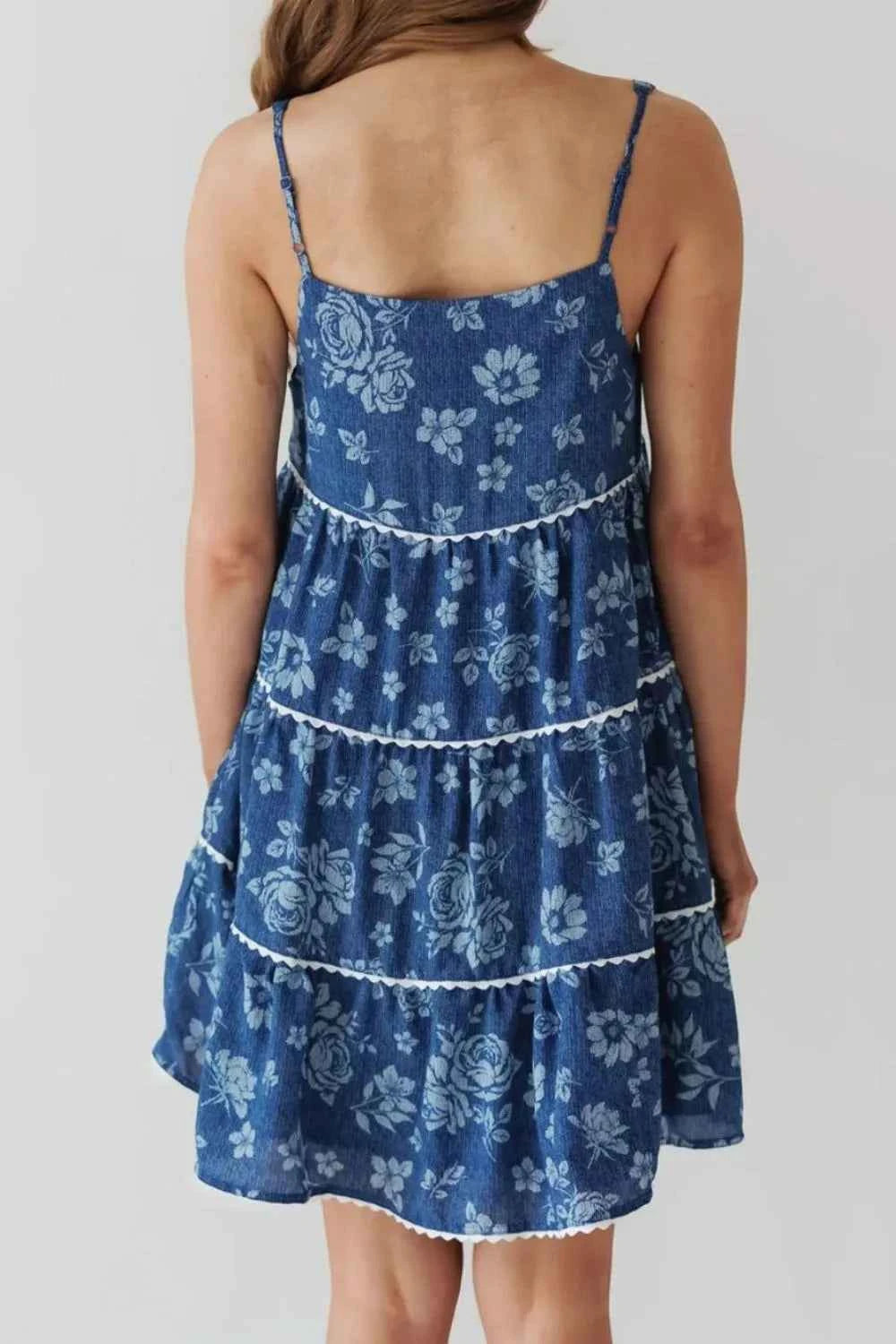 Floral Tiered Square Neck Denim Dress