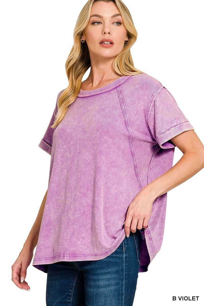Zenana Washed Ribbed Cuffed Short Sleeve Round Neck Top