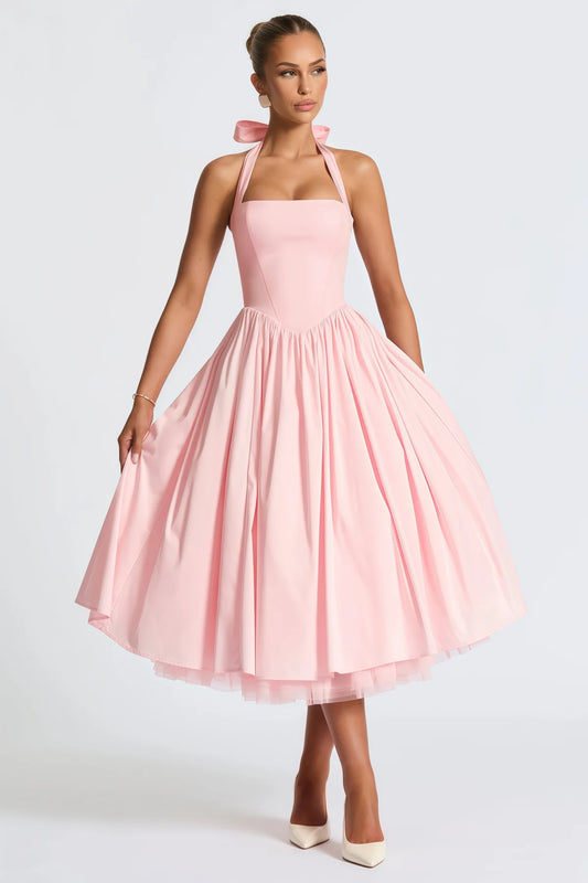 Pink Layered Flared Hem Midi Dress