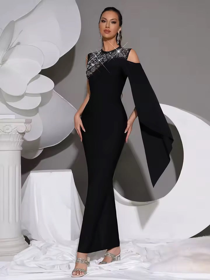 Patchwork Mesh Diamond Sexy One Shoulder Maxi Dress