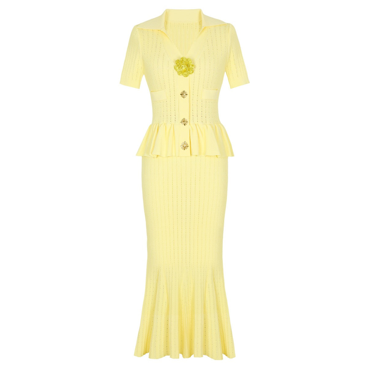 Knitted Collar Slim Fit Short Sleeved Three-dimensional Flower Button Long dress