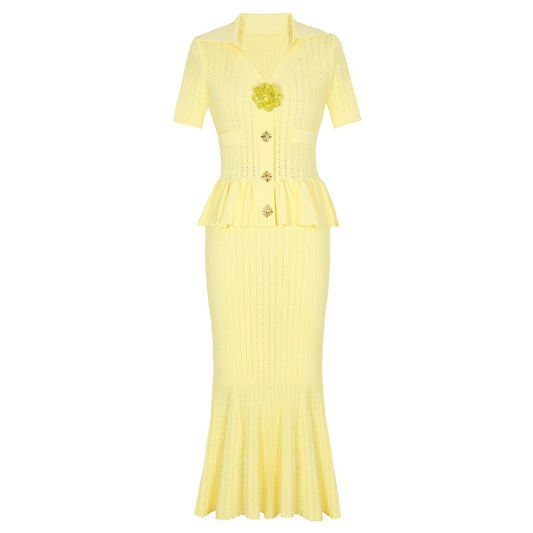 Knitted Collar Slim Fit Short Sleeved Three-dimensional Flower Button Long dress