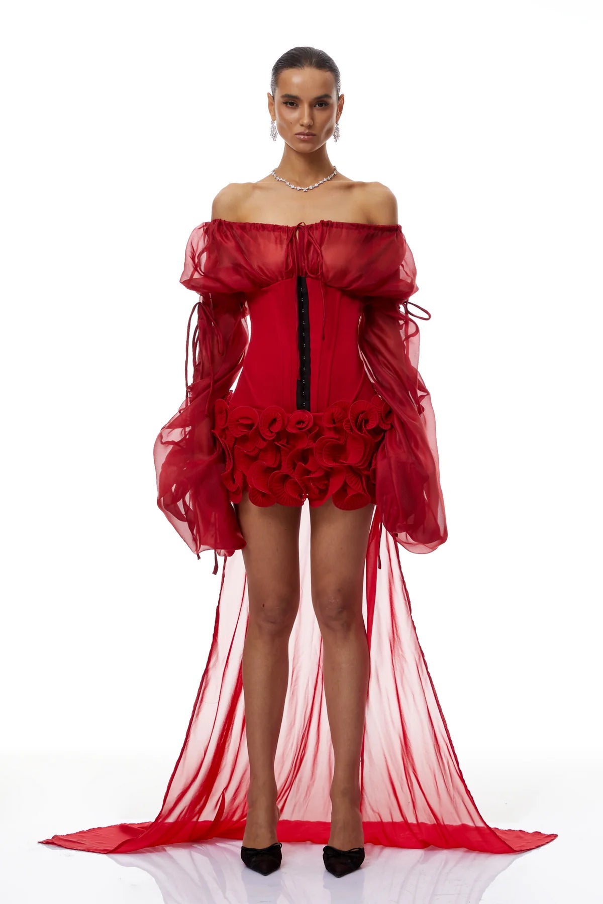 Red Train Ruffled Corset Mini Dress