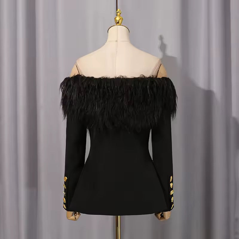 Black Off Shoulder Fur Trim Blazer