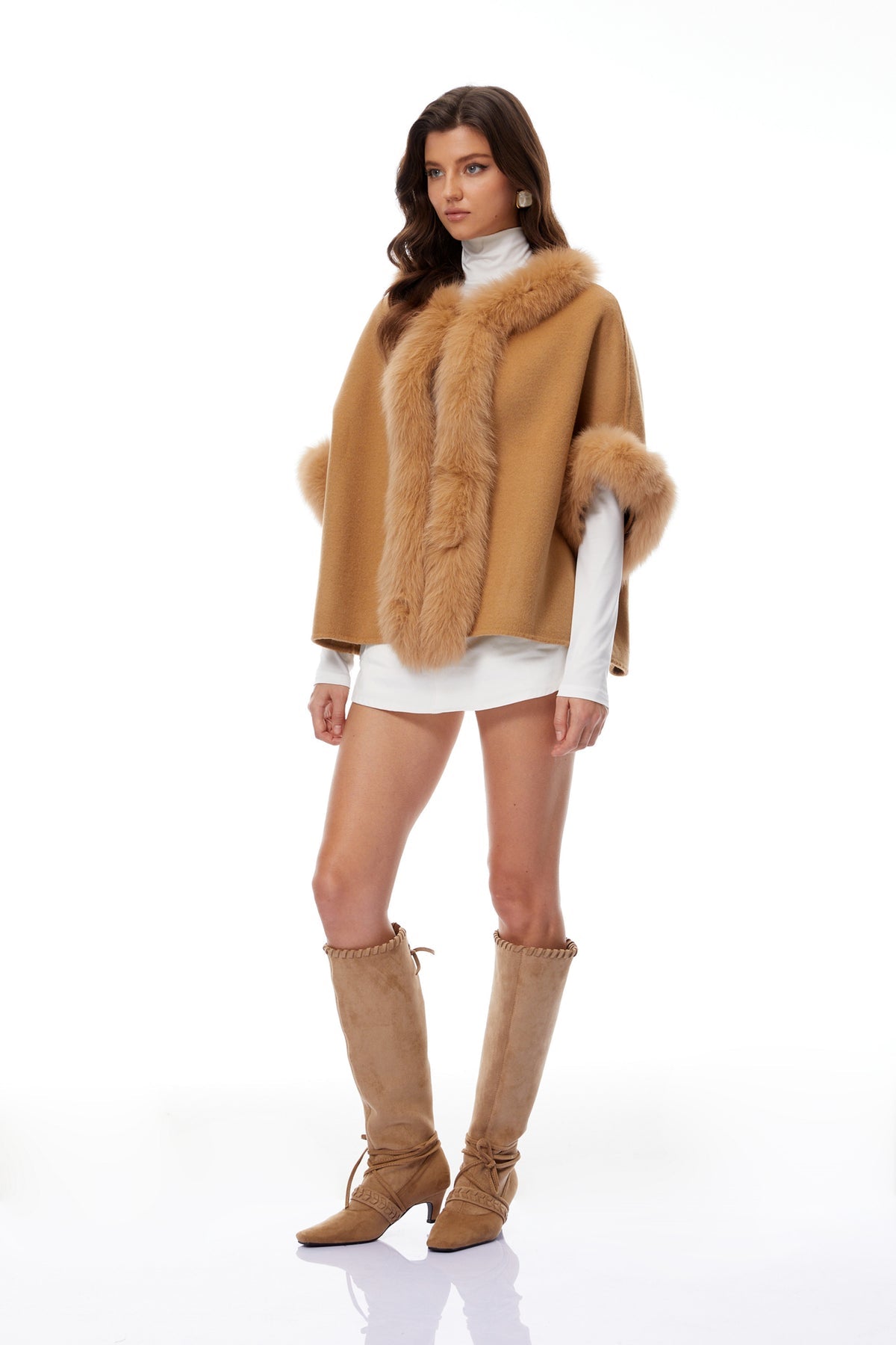 Light Brown Fur Panel Wool Cape Coat