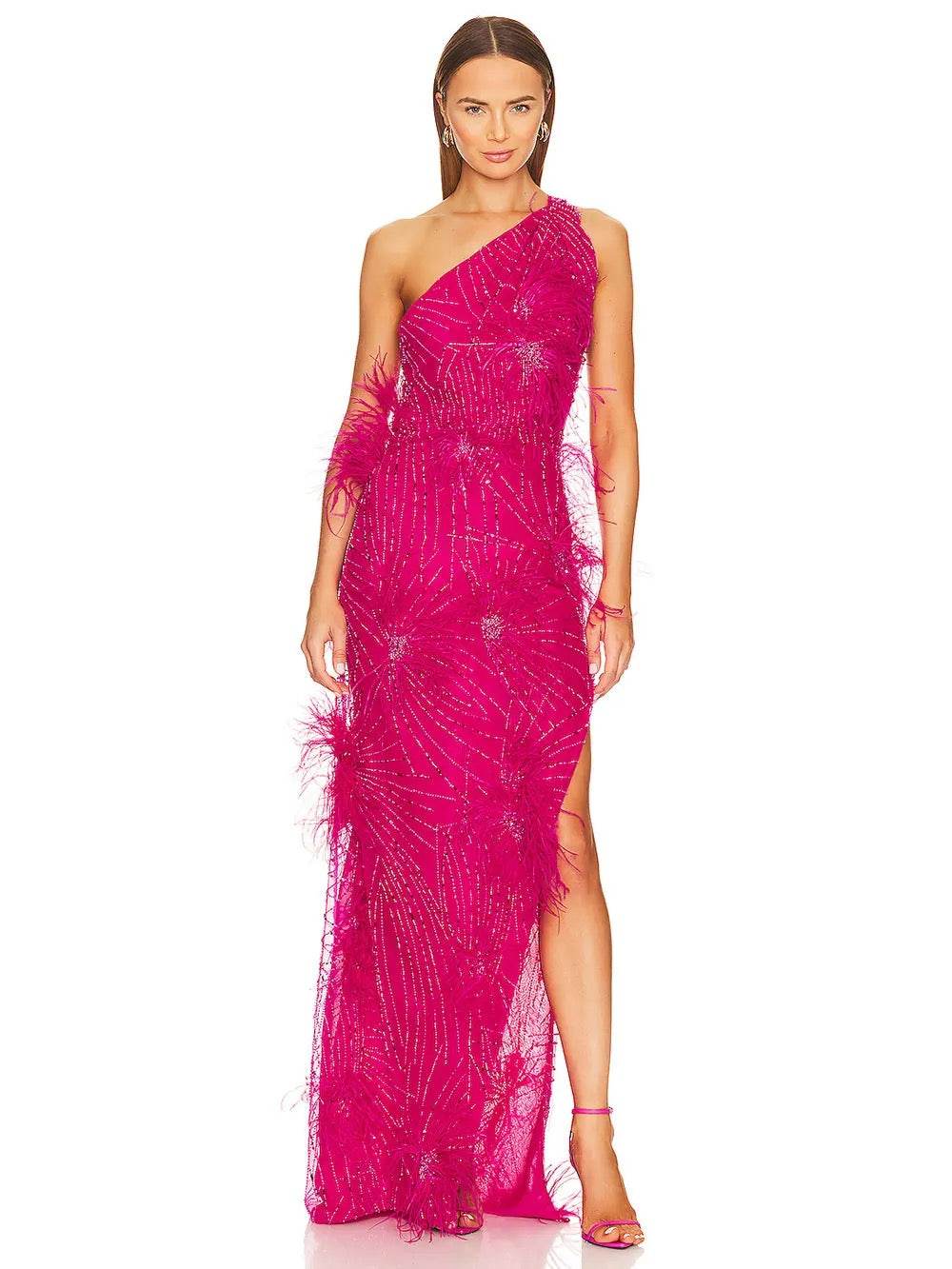 Beaded Sequin Feather Single Shoulder Sleeveless Bodycon dress - REBECATHELABEL