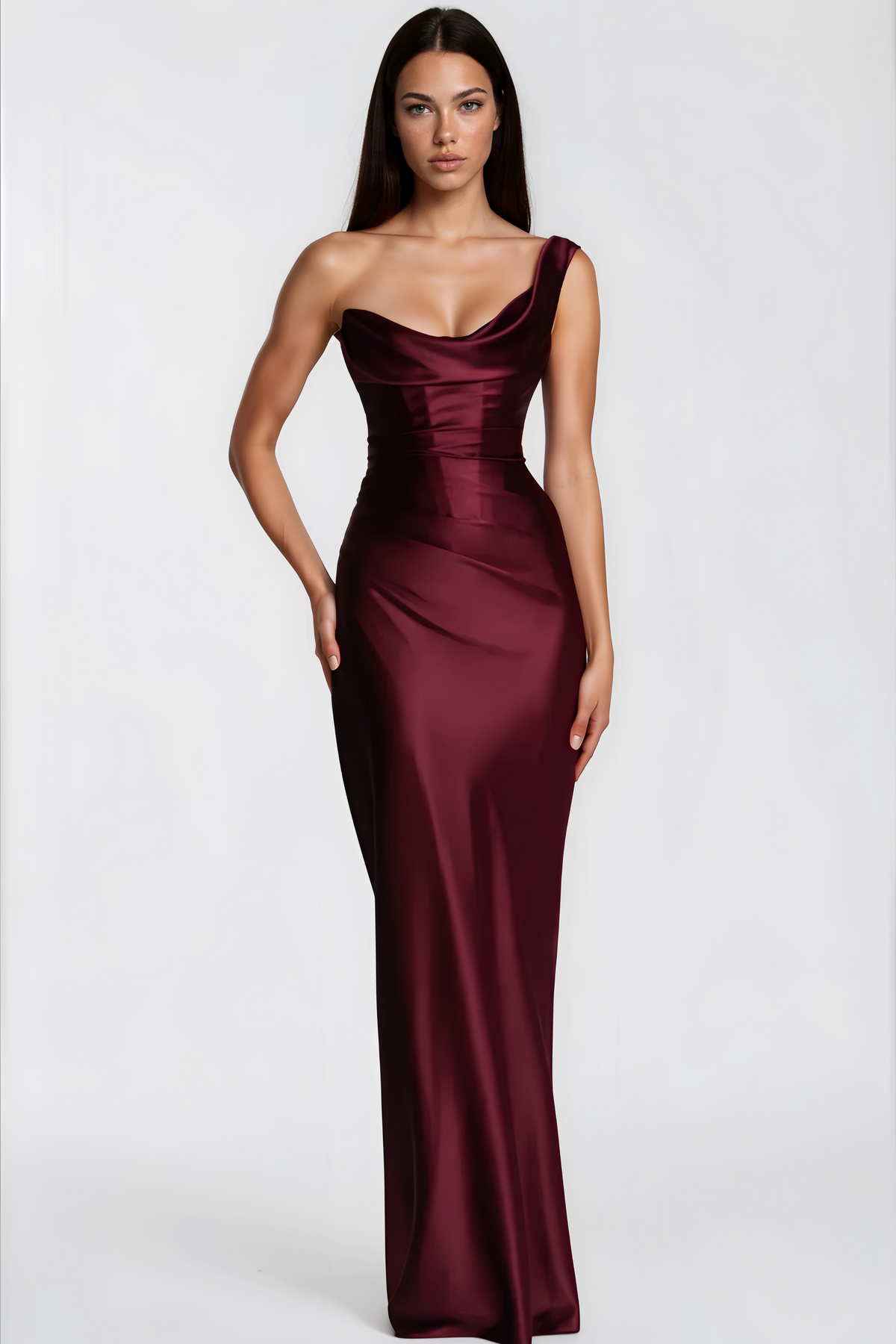 Burgundy One Shoulder Satin Maxi Dress