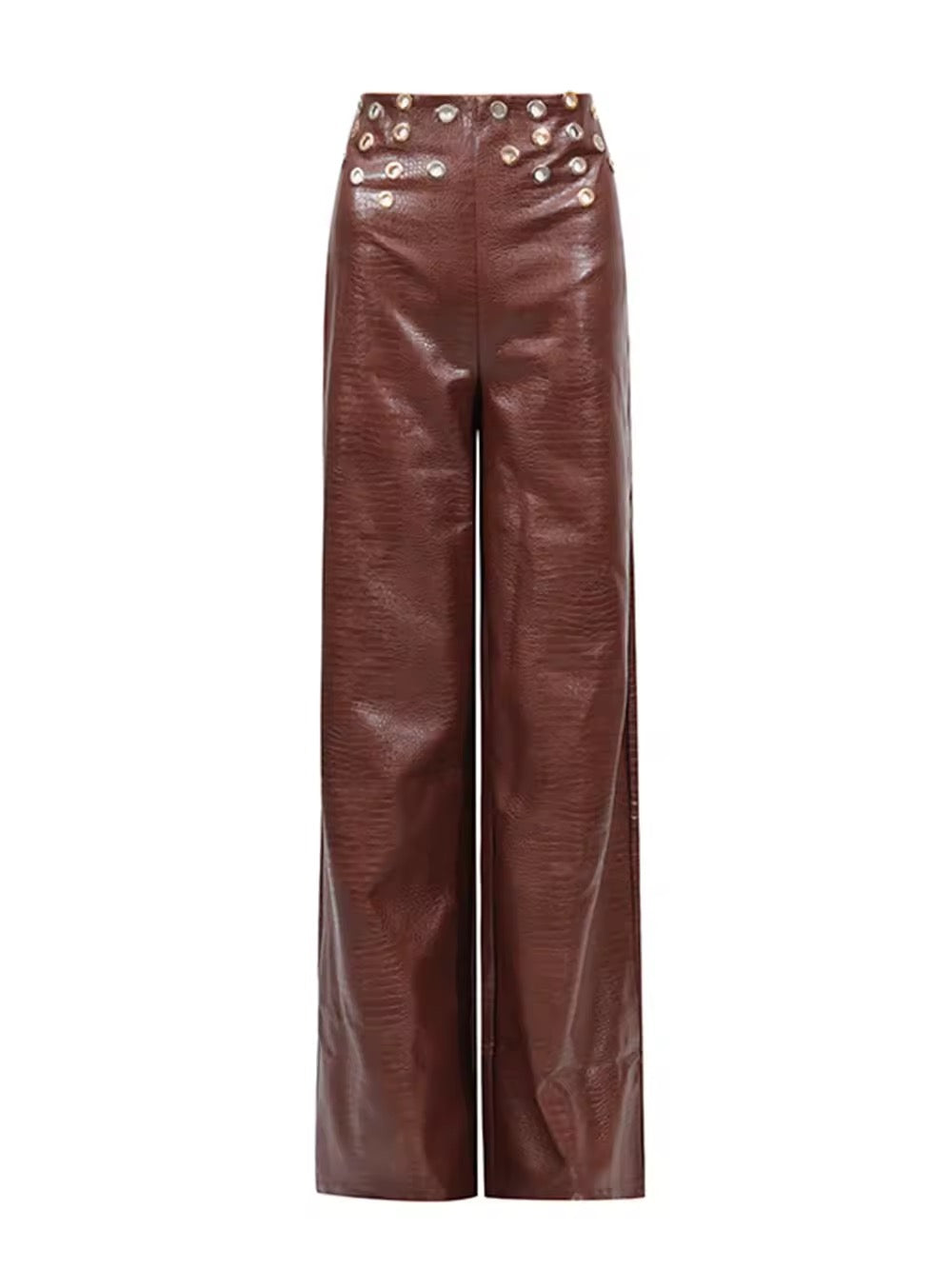 Hole Leather Two Pieces Set Crop Top+High Waist Pants