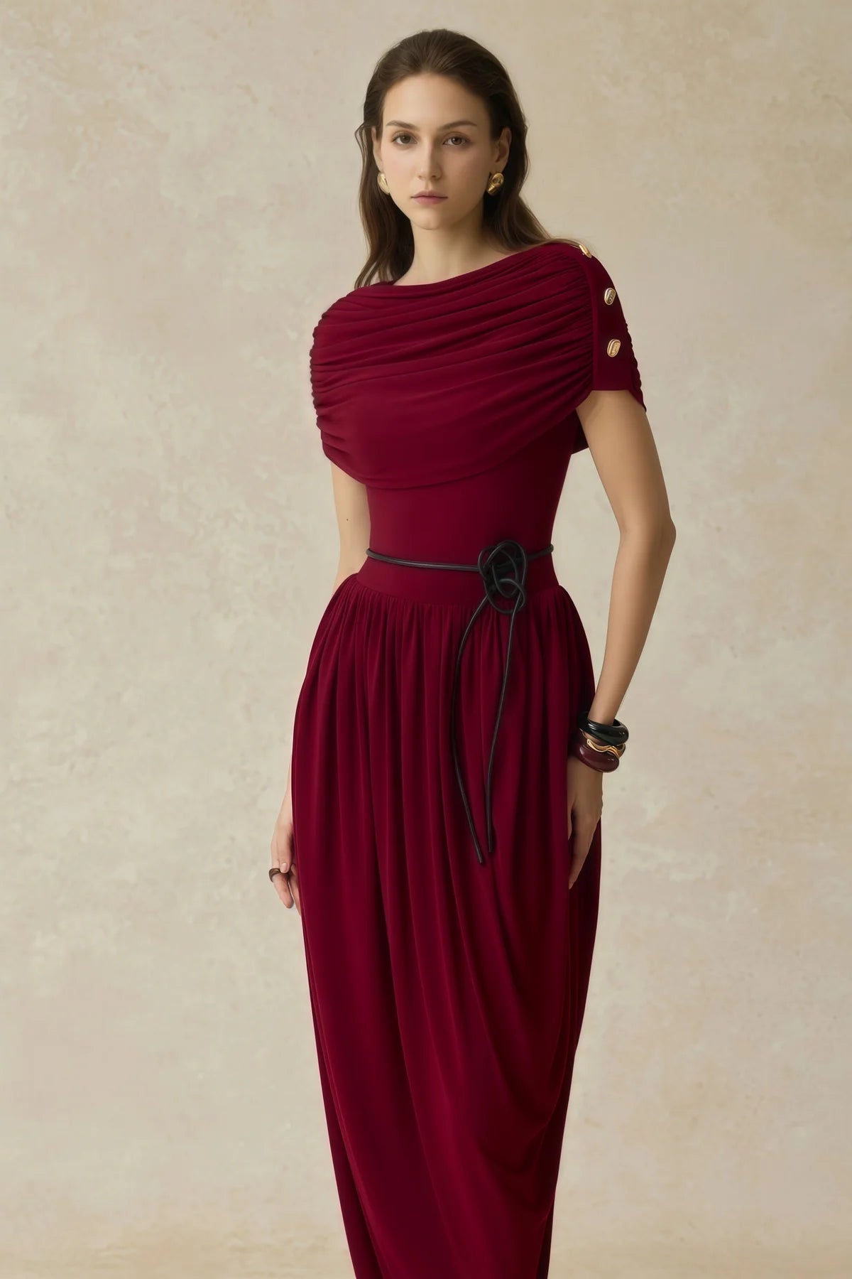 Burgundy Shawl Design Draped Maxi Dress