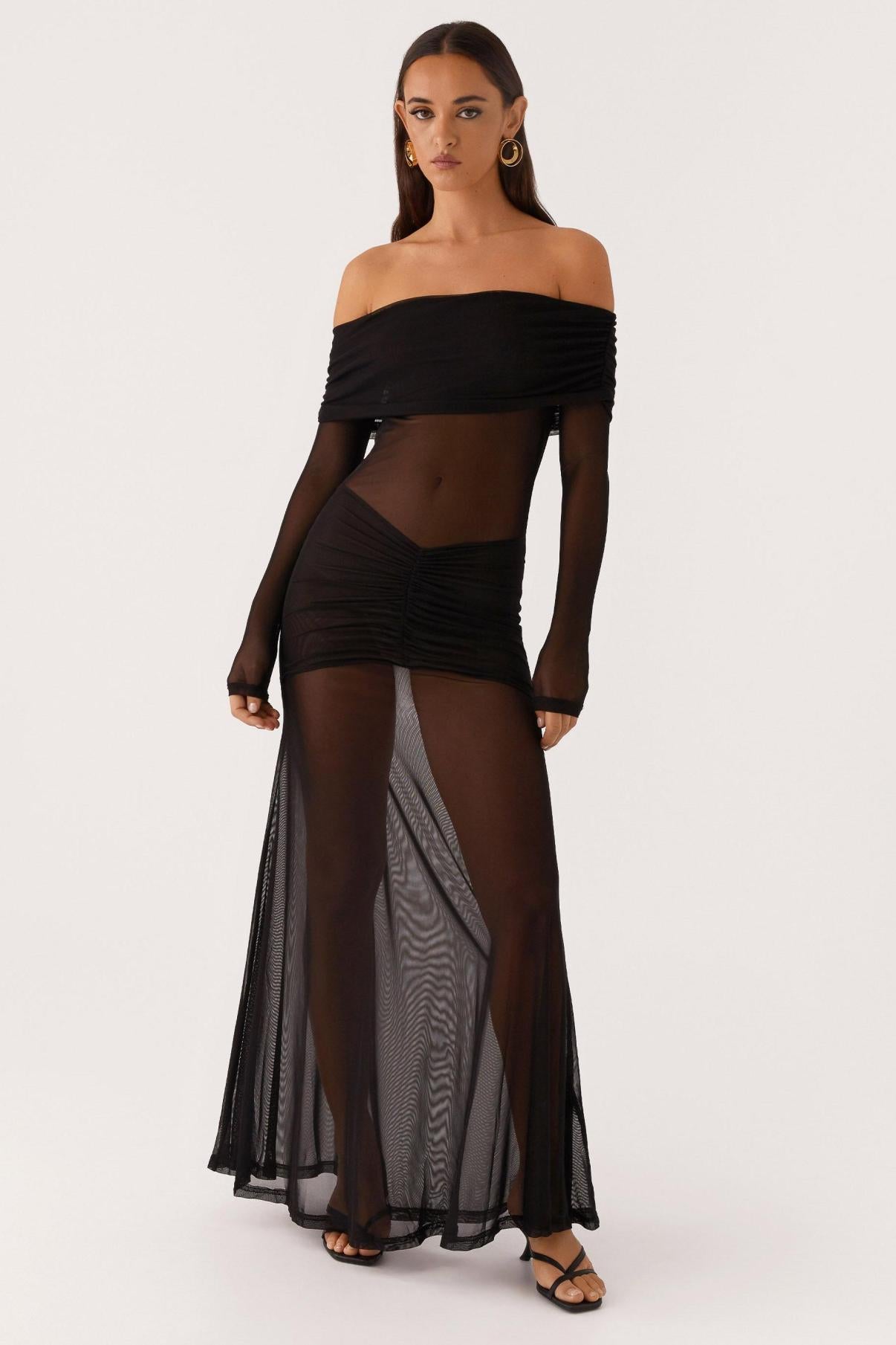Mesh Off-Shoulder Long Sleeve Maxi Dress