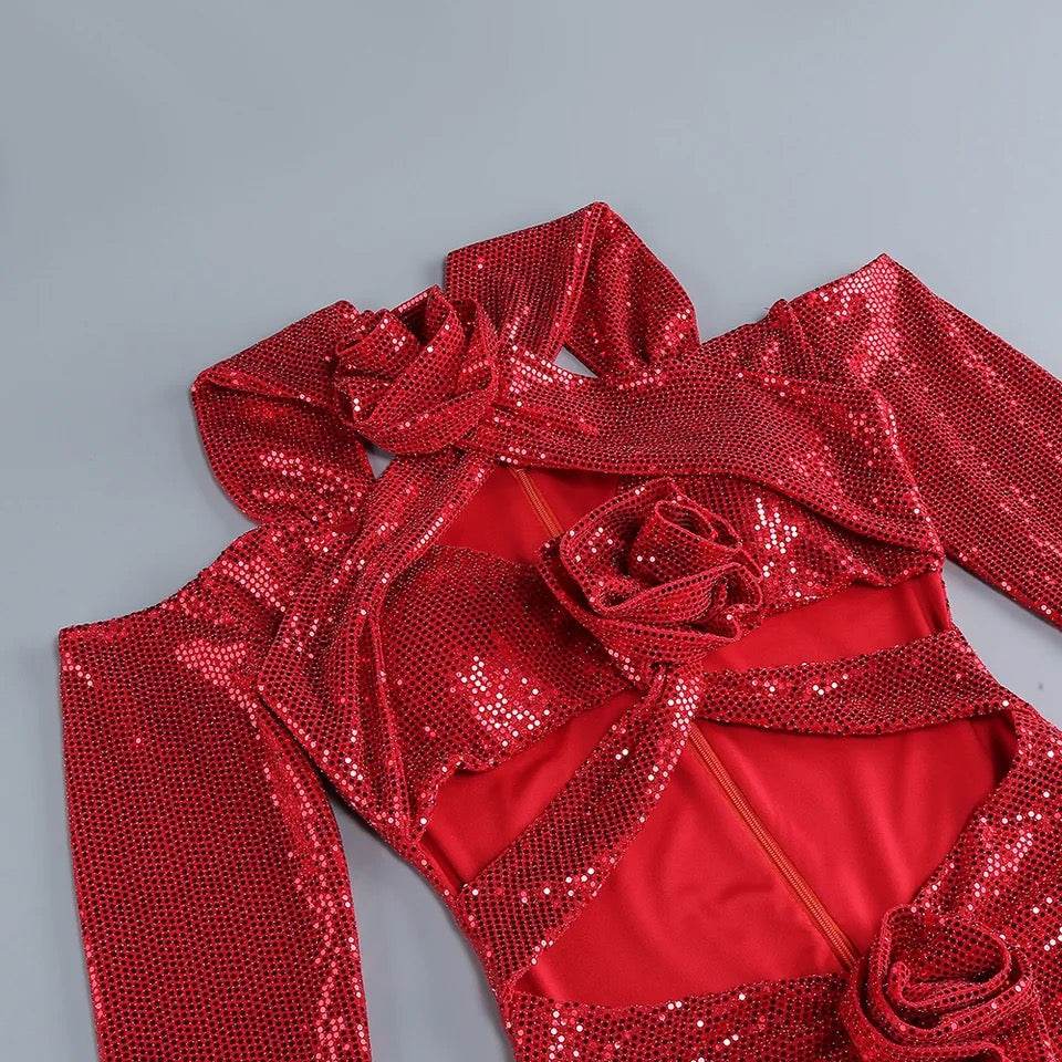 Red Sequins Sexy Hollow Tight Long Dress - REBECATHELABEL