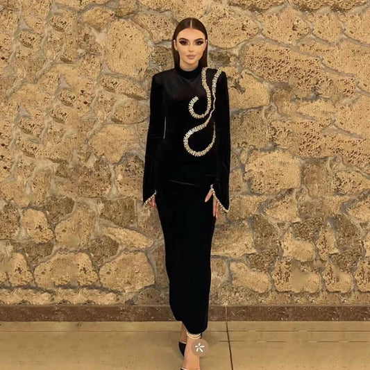 Round Neck Long Sleeve Diamond Tight Long Bandage dress - REBECATHELABEL