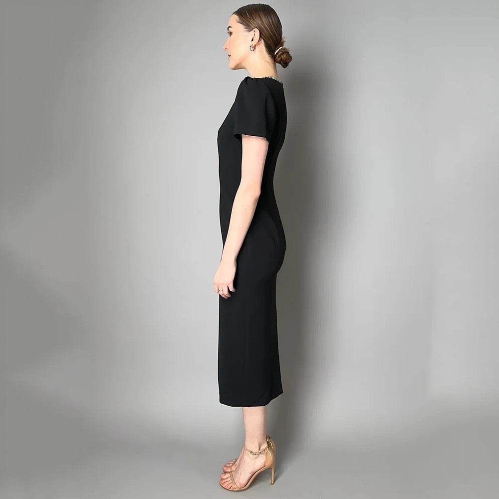 Hollow Diamond Short Sleeve Tight Midi Bandage Dress - REBECATHELABEL