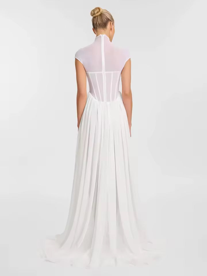 See Through Mesh Slim Fit Oversized Hem Long Maxi Dress