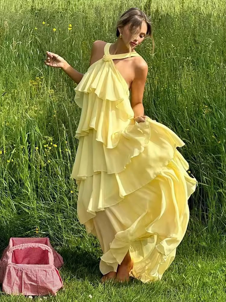 Halter Neck Flower Ruffles Loose Long Dress