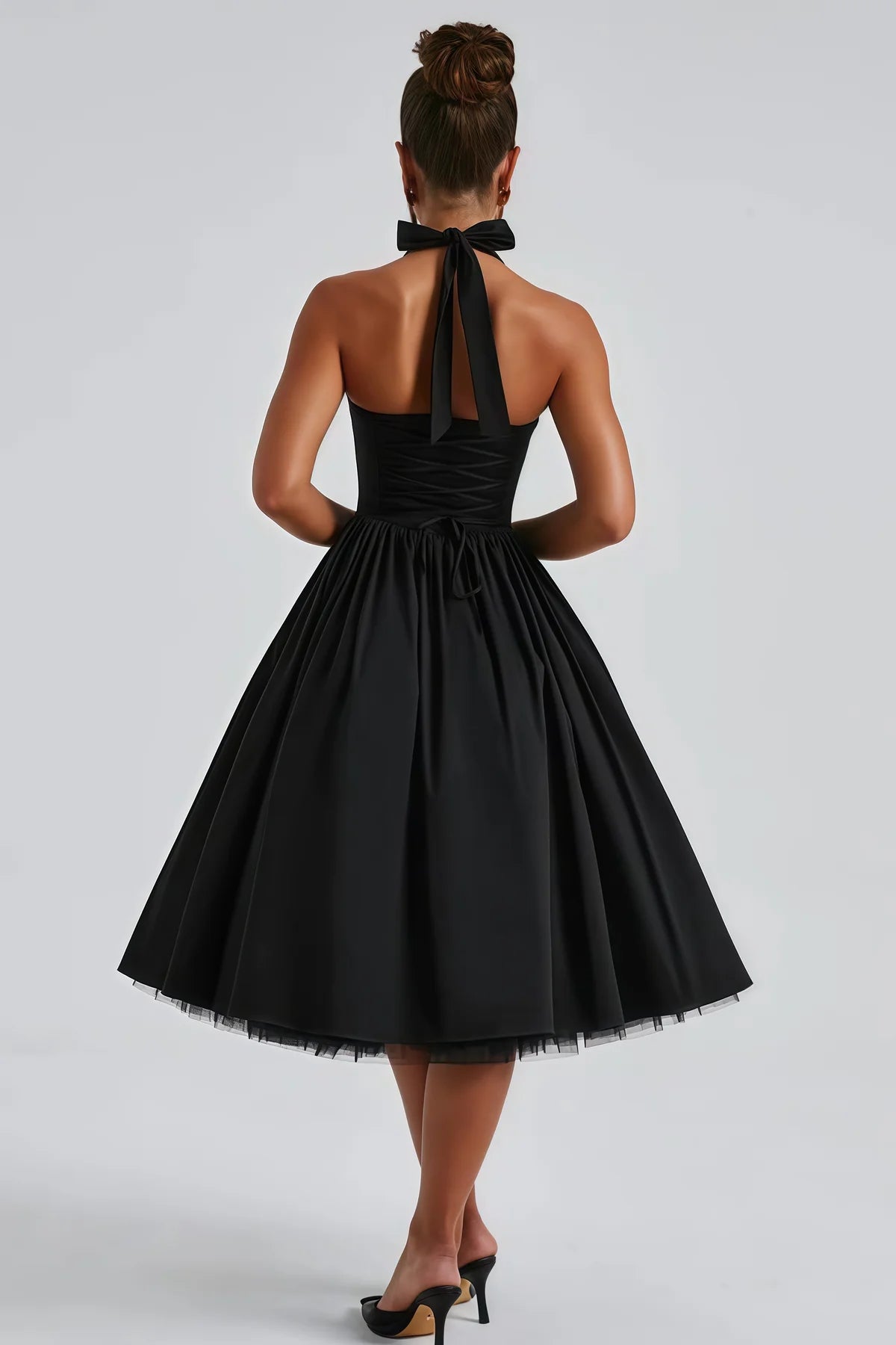 Black Layered Flared Hem Midi Dress