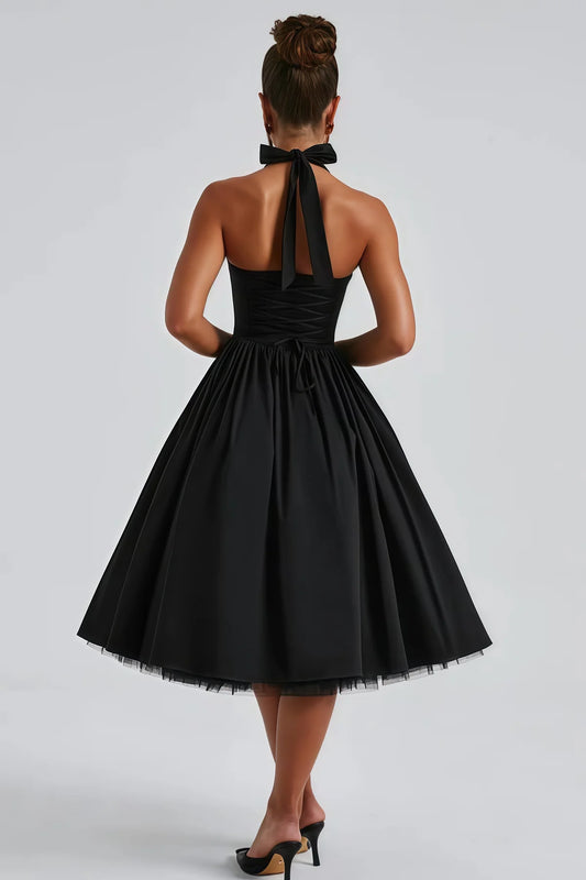 Black Layered Flared Hem Midi Dress