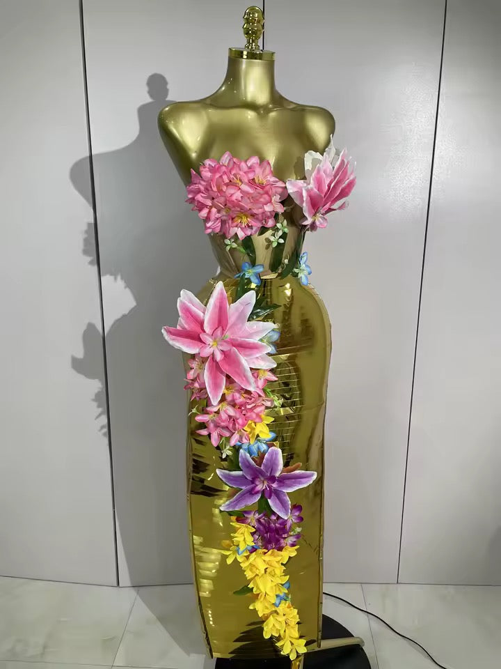 3D Flower Golden Mesh Top Bodycon Long Dress Two-Piece Set