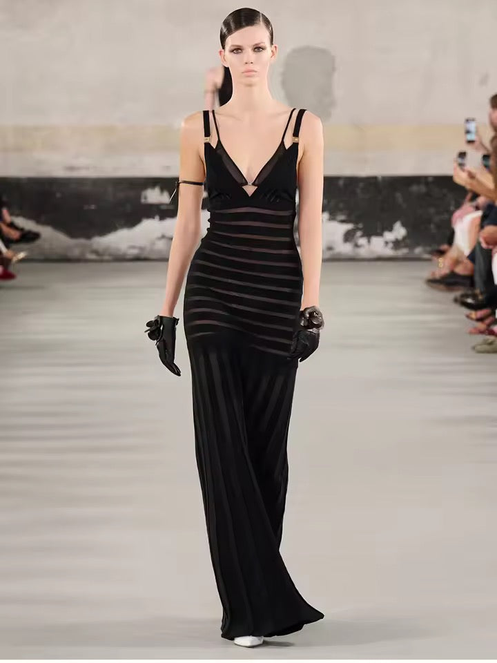 Deep V Backless Hollowed Out Slim Fit See Through Evening Maxi Dress