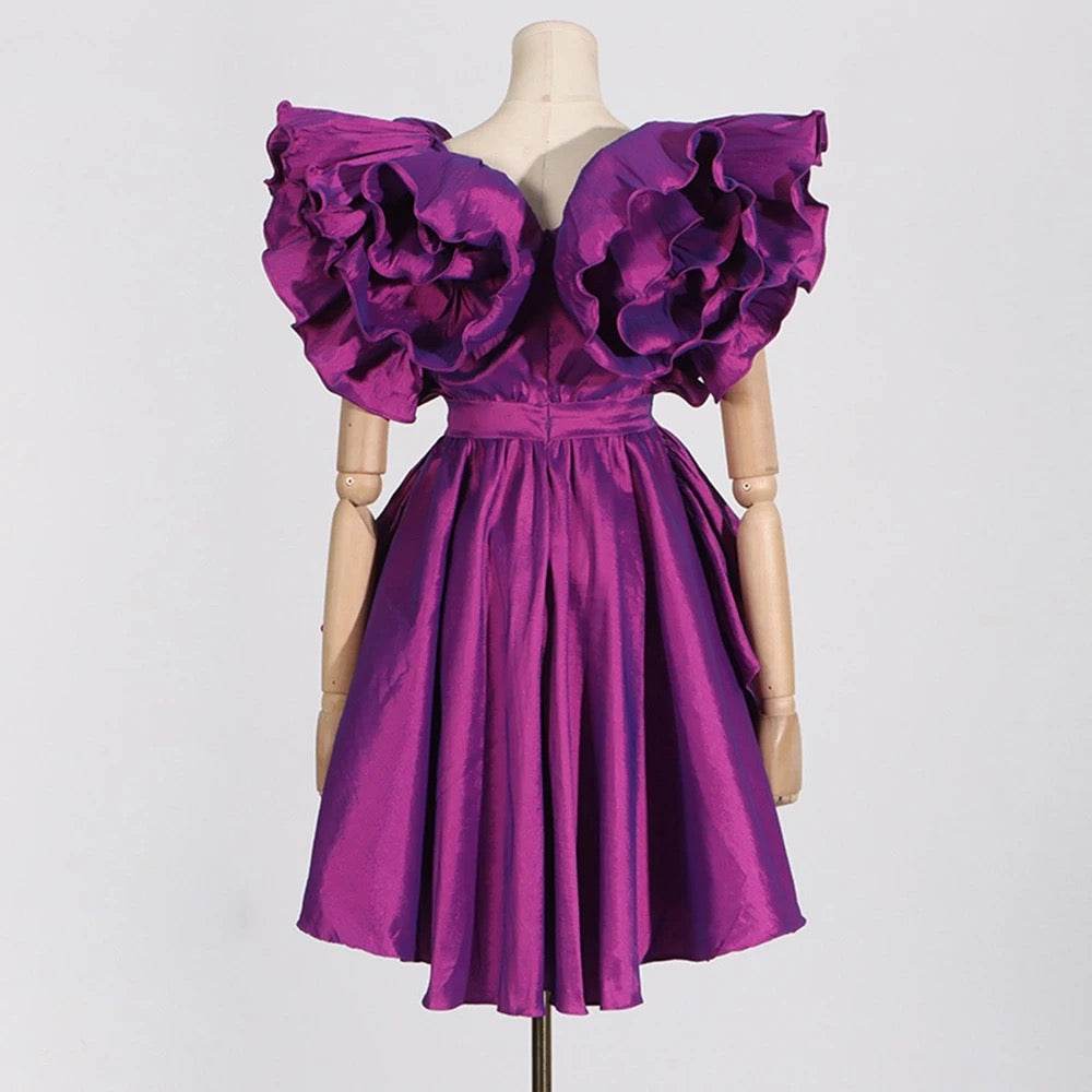 Purple Ruffle Edge V-neck Sexy Ruffle Edge Satin Mini Dress - REBECATHELABEL