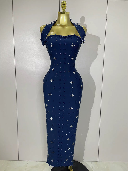 Sparkly Rhinestone Pearl Sleeveless Bodycon Bandage Long Dress