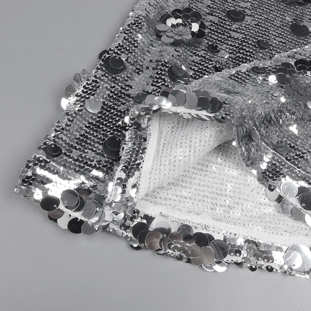 Silver Sequin Spaghetti Straps Evening Long Dress