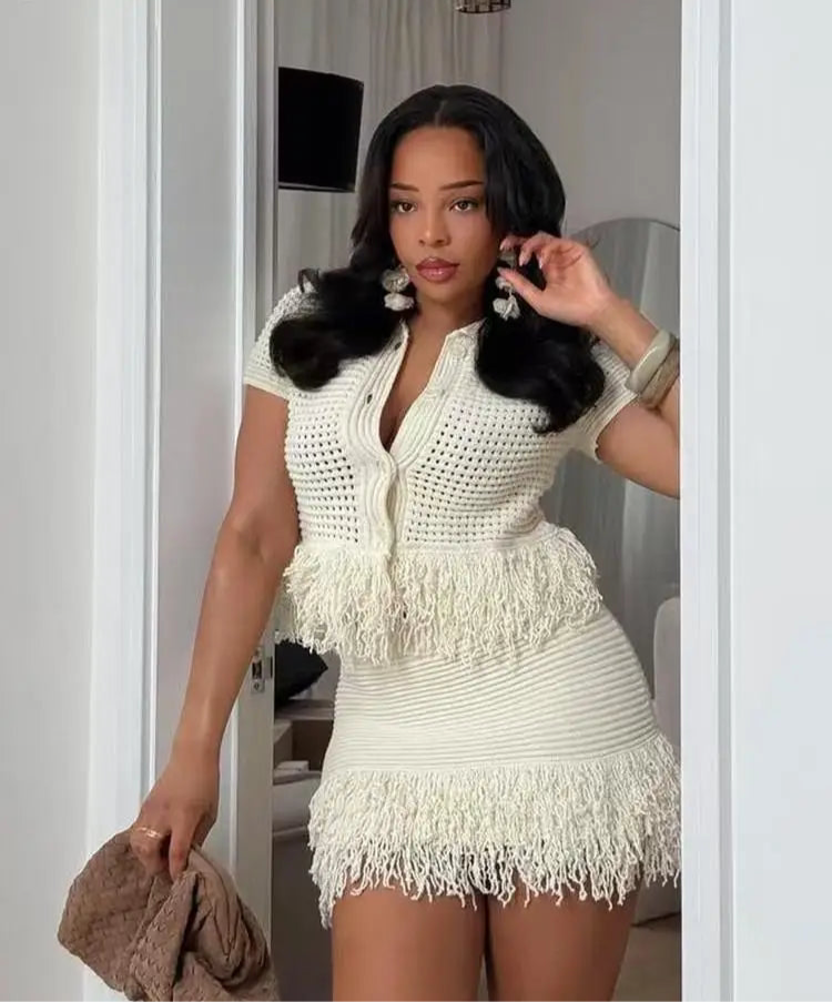 Joskaa Tassel Short Sleeve Casual Knitted Top tshirt Cardigan Skirt set