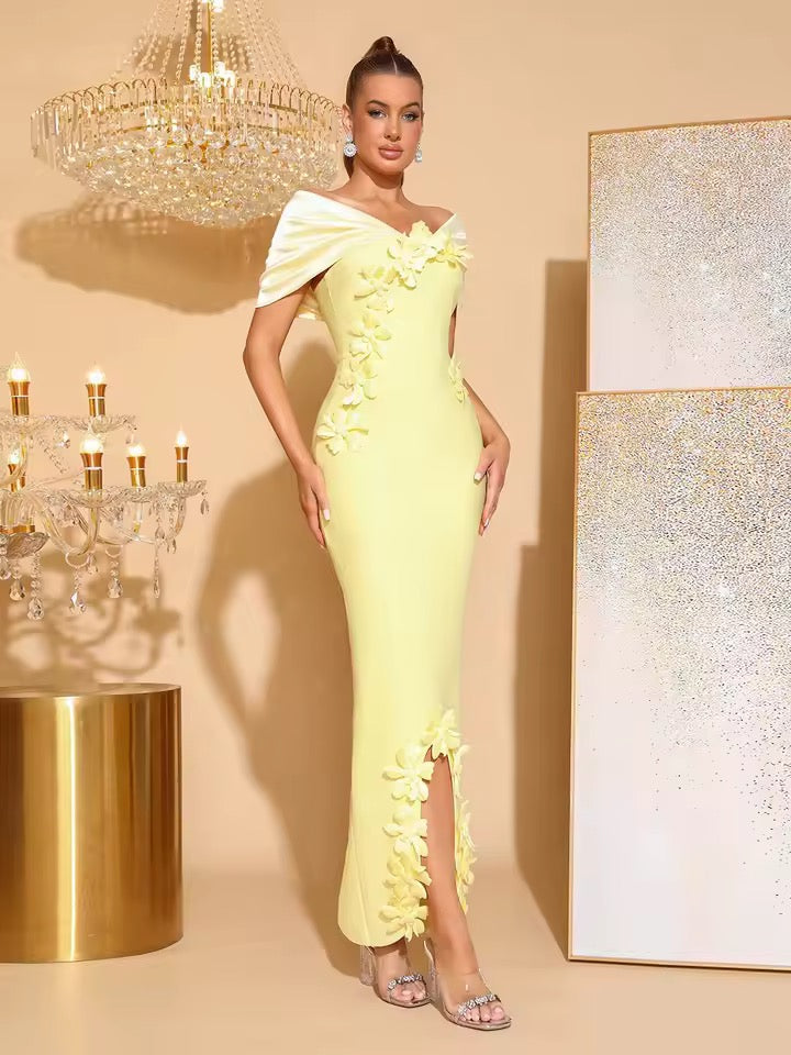 Off Shoulder Splicing Appliques Tight Long Bandage Dress