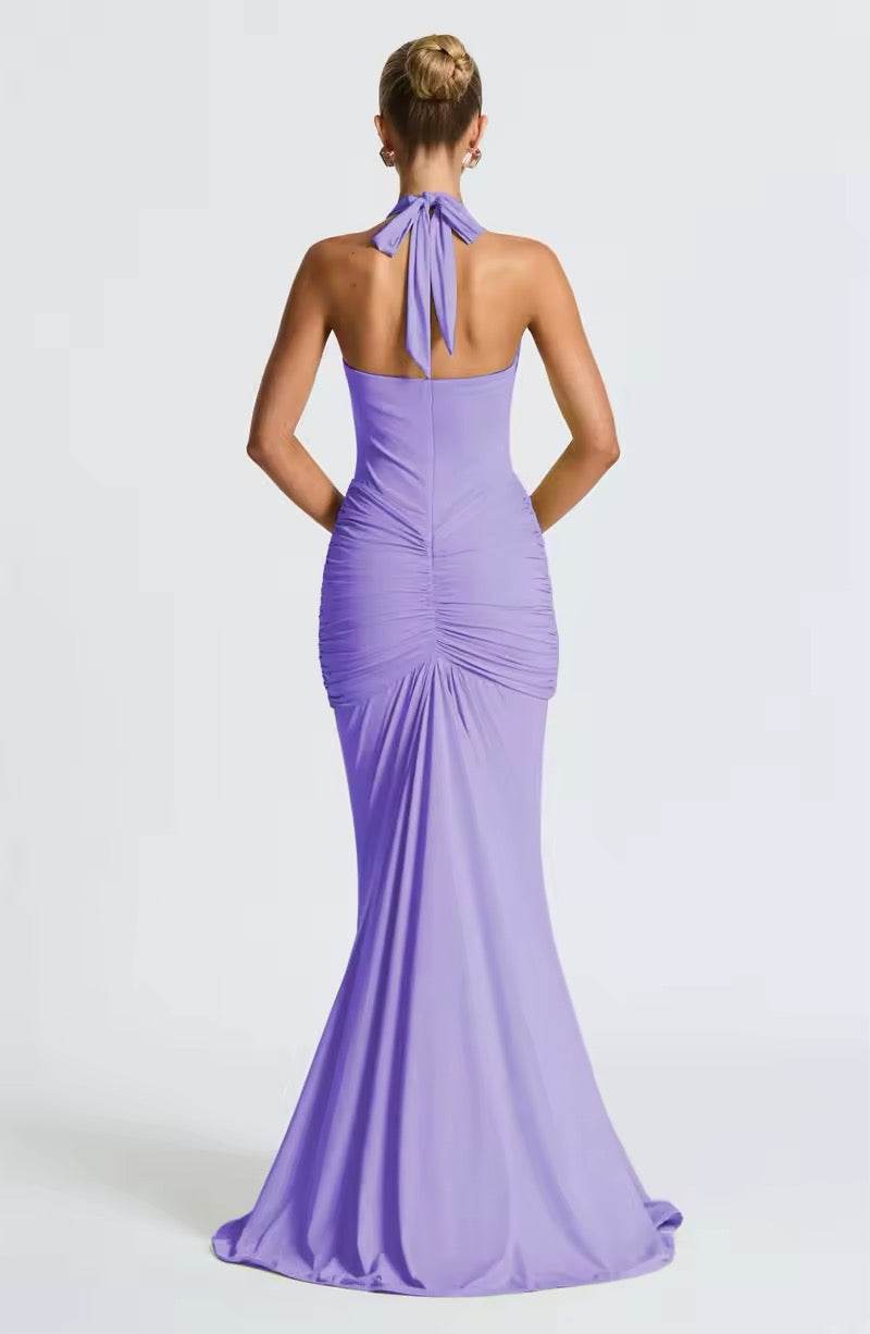 Deep V Neck Backless Ruched Sexy Maxi Dress - REBECATHELABEL