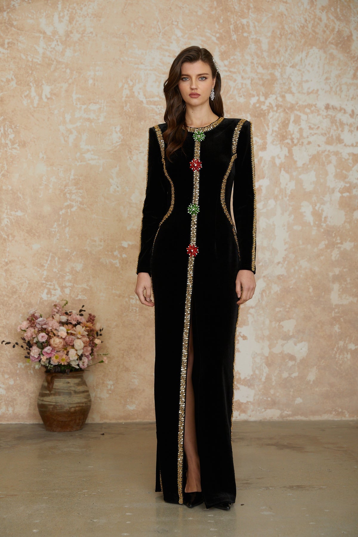 Black Crystal Embellished Front Slit Maxi Dress