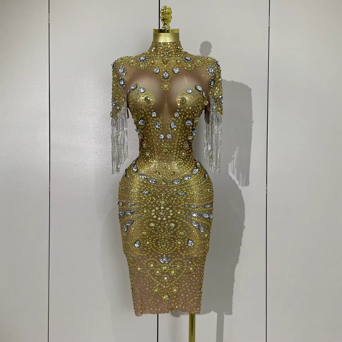 Shining Diamonds Tassel Sexy Mesh See Through Dress