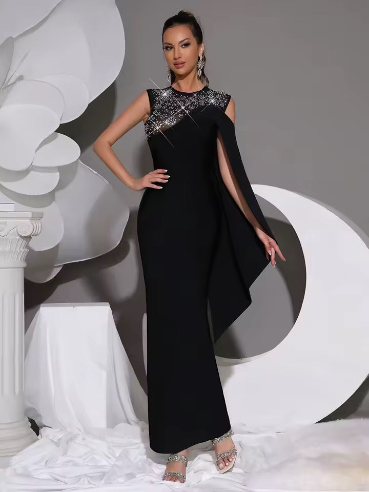 Patchwork Mesh Diamond Sexy One Shoulder Maxi Dress